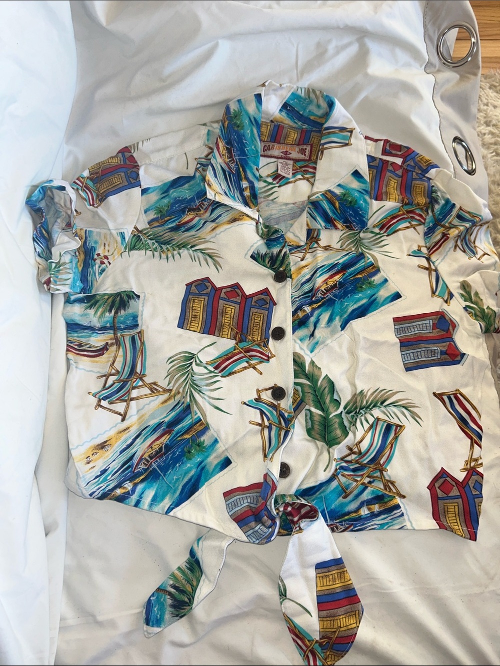 Caribbean Joe White Resort Shirt with Blue & Green Coastal Print